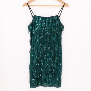 Y2K Trixxi Sequin Fringe Slip‎ Dress Emerald Green Party Evening Cocktail Size M